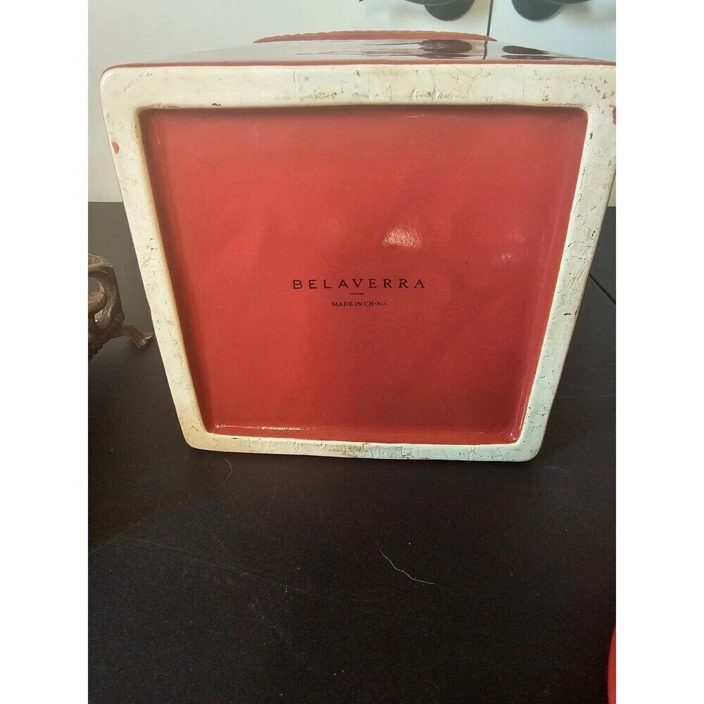 Belaverra red ceramic canister with metal base